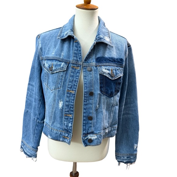 Hidden Jeans Cropped Denim Jacket Small Distressed Blue Trucker Cotton - Picture 2 of 11